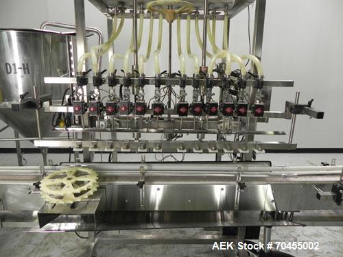 Used Inline Filling Systems 12 head inline time gravity filler. Capable of speeds over 100 bottle per minute. Has star wheel indexing system, neck guides, drip tray, and 12 'long x 4-1/2" wide convey...