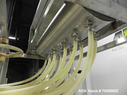 Used Inline Filling Systems 12 head inline time gravity filler. Capable of speeds over 100 bottle per minute. Has star wheel indexing system, neck guides, drip tray, and 12 'long x 4-1/2" wide convey...