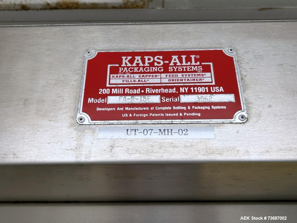 Used Kaps All (Fills-All) Model FA-R-18E Rotary 18 Head Pressure Filler. Capable of speeds over 150 Containers per minute depending on application.