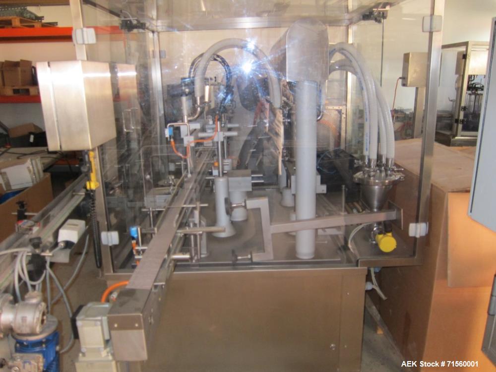 Used Kugler Fully Automatic Filling Machine Type Linofill. Controlled up to 30 cycles / min. The effective capacity depends on the packaging, dosing, Füllstellenanzahl and the product quality. Proces...