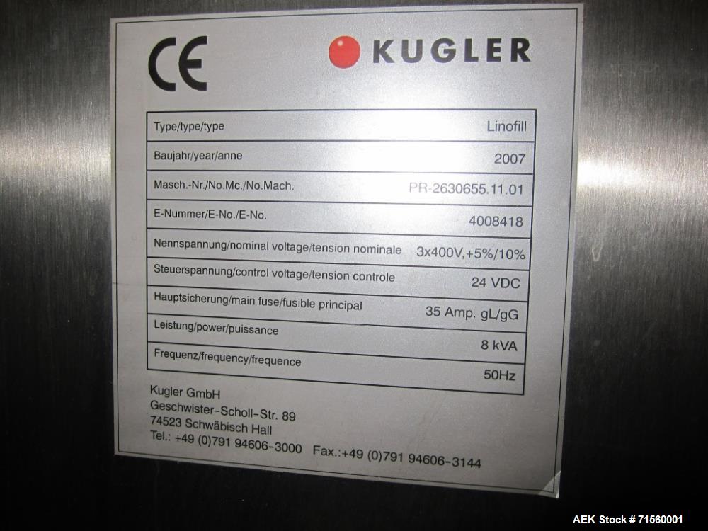 Used Kugler Fully Automatic Filling Machine Type Linofill. Controlled up to 30 cycles / min. The effective capacity depends on the packaging, dosing, Füllstellenanzahl and the product quality. Proces...