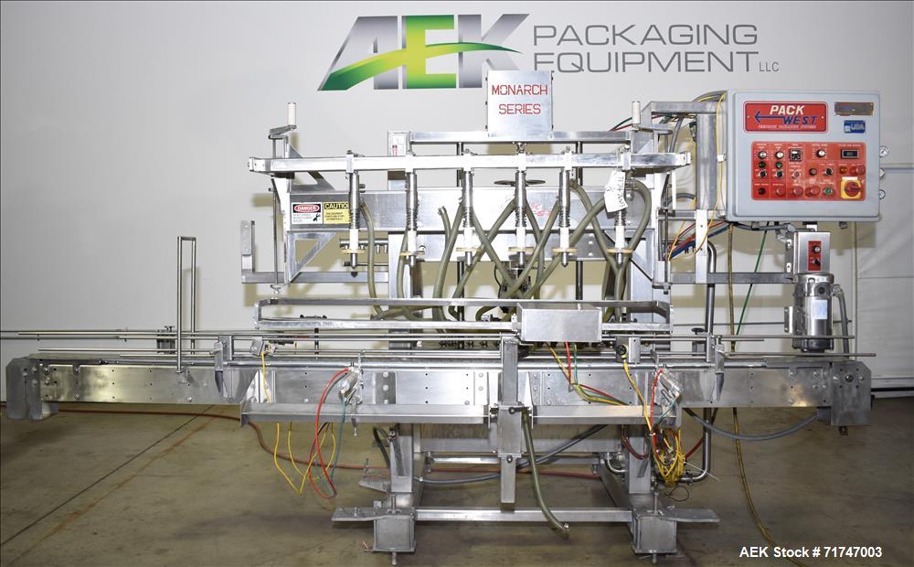 Used Pack West Monarch Filler-12V-PS 6-Head Inline Gravity Overflow Filler