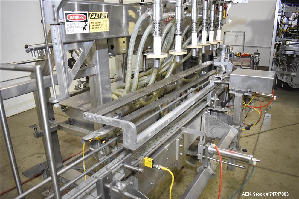 Used Pack West Monarch Filler-12V-PS 6-Head Inline Gravity Overflow Filler