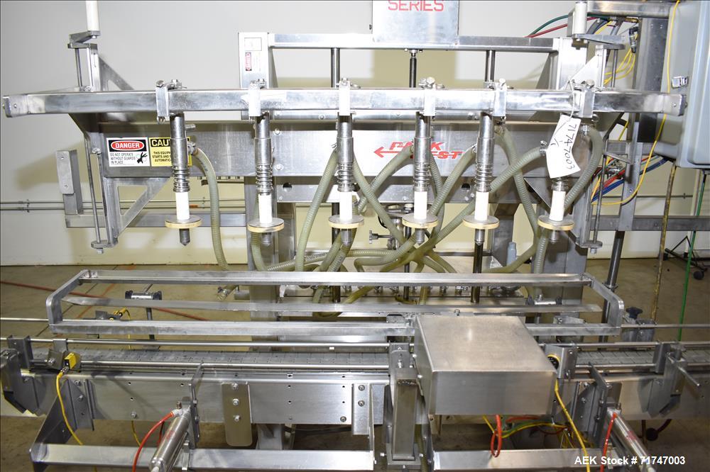 Used Pack West Monarch Filler-12V-PS 6-Head Inline Gravity Overflow Filler