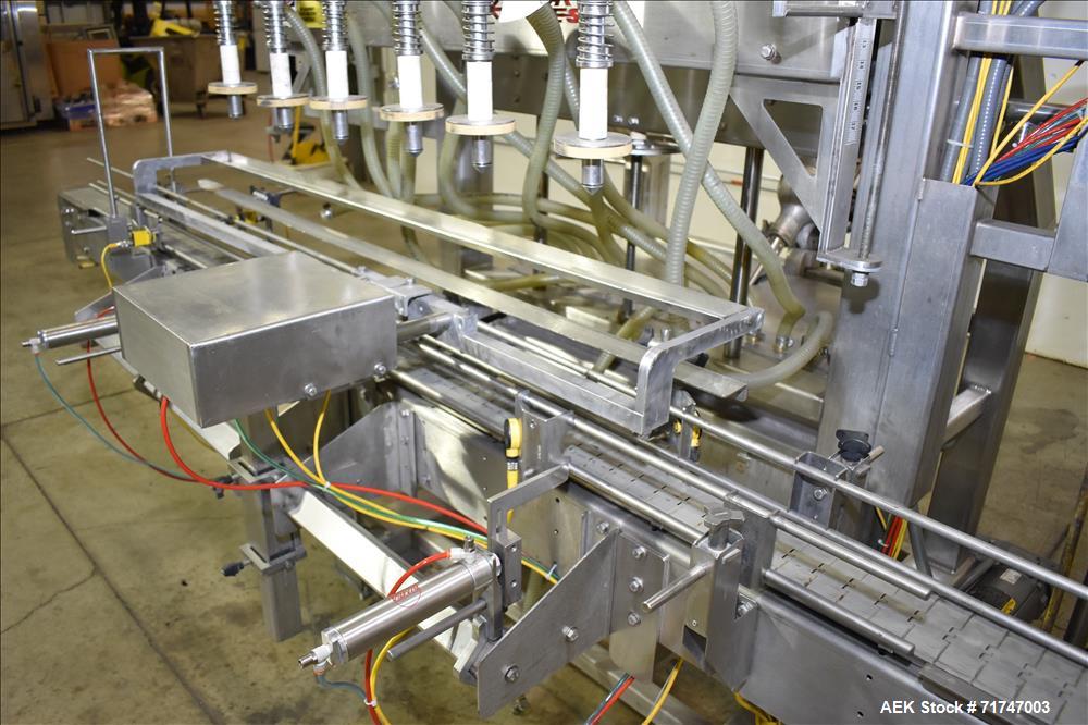 Used Pack West Monarch Filler-12V-PS 6-Head Inline Gravity Overflow Filler