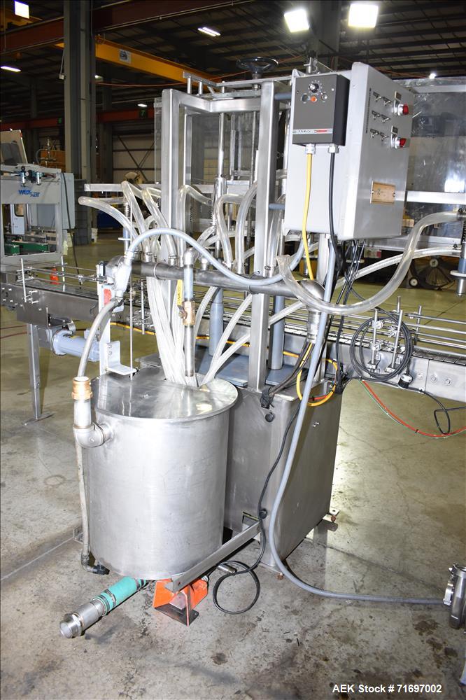 Used Packaging Dynamics Model SLA-10 Inline Pressure Overflow Liquid Filler