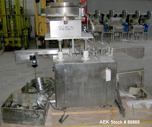 Used Chase-Logeman FS2-12 Monoblock Filler & Stopper Machine. Capable of speeds up to 60 bpm. Fill range: 0-125 ml with change parts. Vial size range: maximum diameter to 2-1/8" and up to 6" high. St...