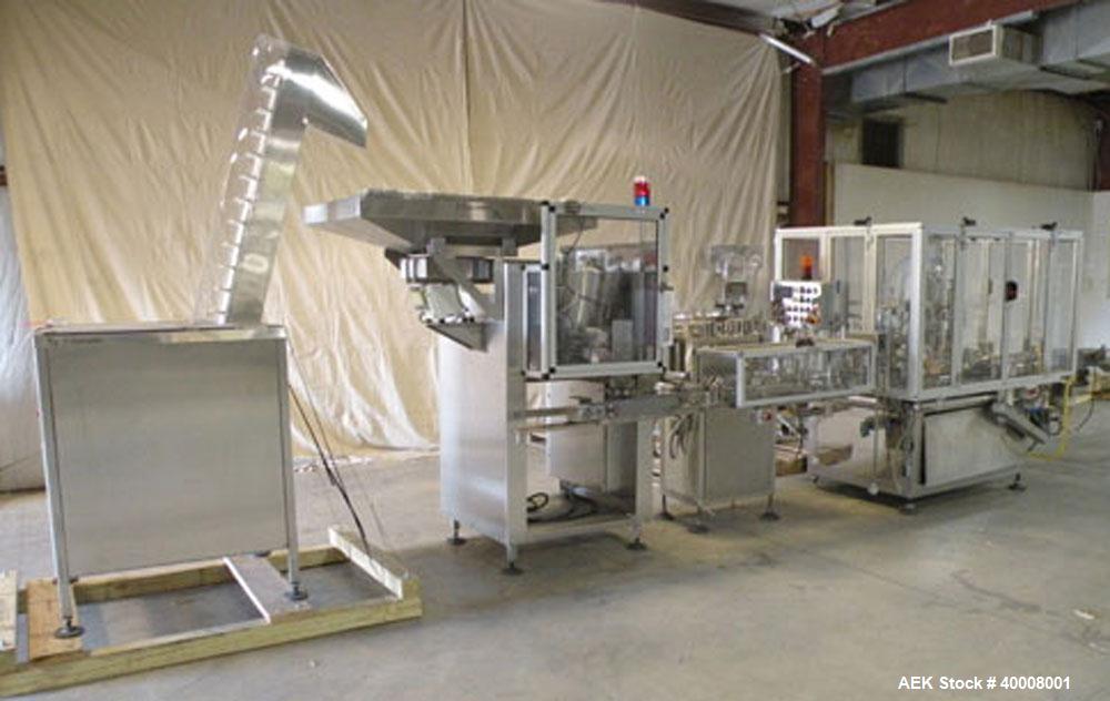 Used Comas Monoblock Line for Fill/Plug/Cap consisting of: (1) Comas Model RS6 Monoblock Filler, Tipper and screw Capper with Integrated Palace Model P2V5 Bulk bottle unscrambler. Has two head perist...