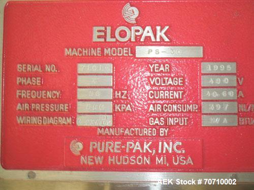 Used Elo Pak PS 30 Milk Carton Filler, gable top, maximum capacity 3000 cartons/hour, filling volume 250, 500 and 1000 ml, laminar flow, air pressure 72 psi, 3/50 hz/400V.