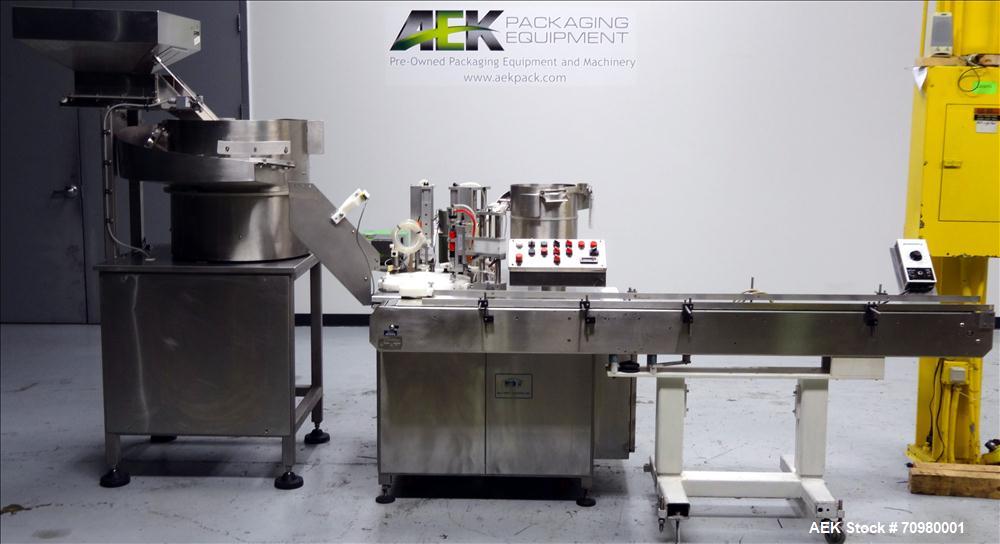 Used M&O Perry P-3000 II Monoblock Unscrambler, Filler, Plugger, and Screw Capper. Capable of speeds up to 35 bottles per minute. Has Watson Marlow Model 505Di Single head, peristaltic pump filler, H...