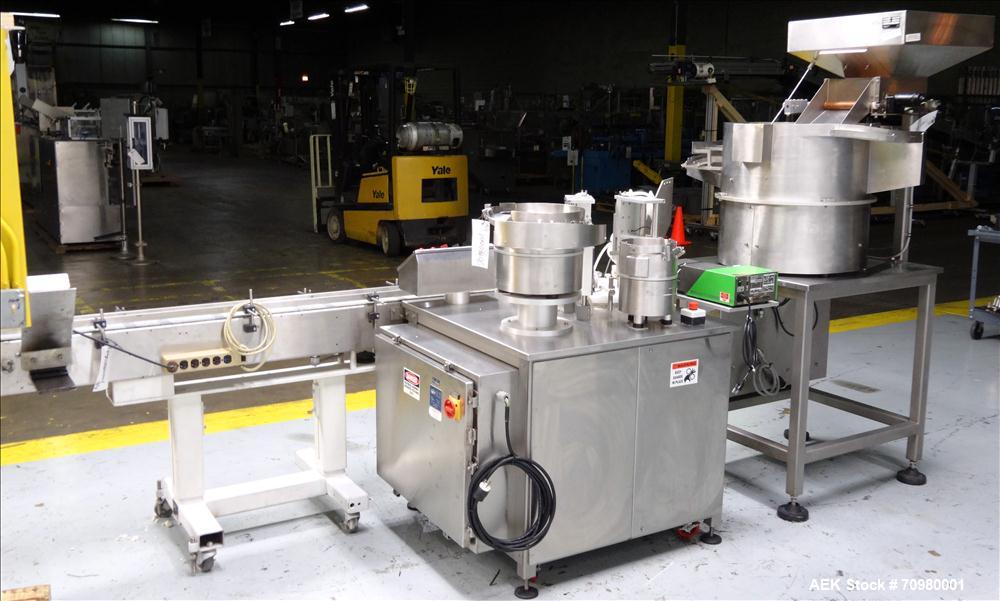 Used M&O Perry P-3000 II Monoblock Unscrambler, Filler, Plugger, and Screw Capper. Capable of speeds up to 35 bottles per minute. Has Watson Marlow Model 505Di Single head, peristaltic pump filler, H...