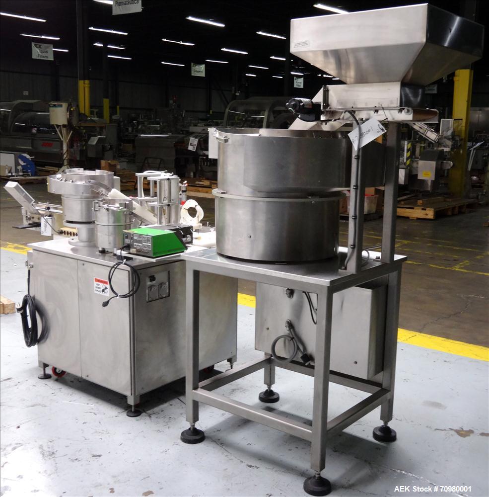 Used M&O Perry P-3000 II Monoblock Unscrambler, Filler, Plugger, and Screw Capper. Capable of speeds up to 35 bottles per minute. Has Watson Marlow Model 505Di Single head, peristaltic pump filler, H...