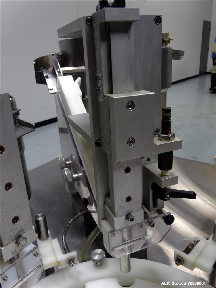 Used M&O Perry P-3000 II Monoblock Unscrambler, Filler, Plugger, and Screw Capper. Capable of speeds up to 35 bottles per minute. Has Watson Marlow Model 505Di Single head, peristaltic pump filler, H...