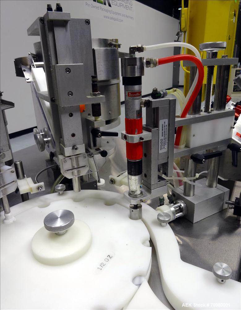 Used M&O Perry P-3000 II Monoblock Unscrambler, Filler, Plugger, and Screw Capper. Capable of speeds up to 35 bottles per minute. Has Watson Marlow Model 505Di Single head, peristaltic pump filler, H...