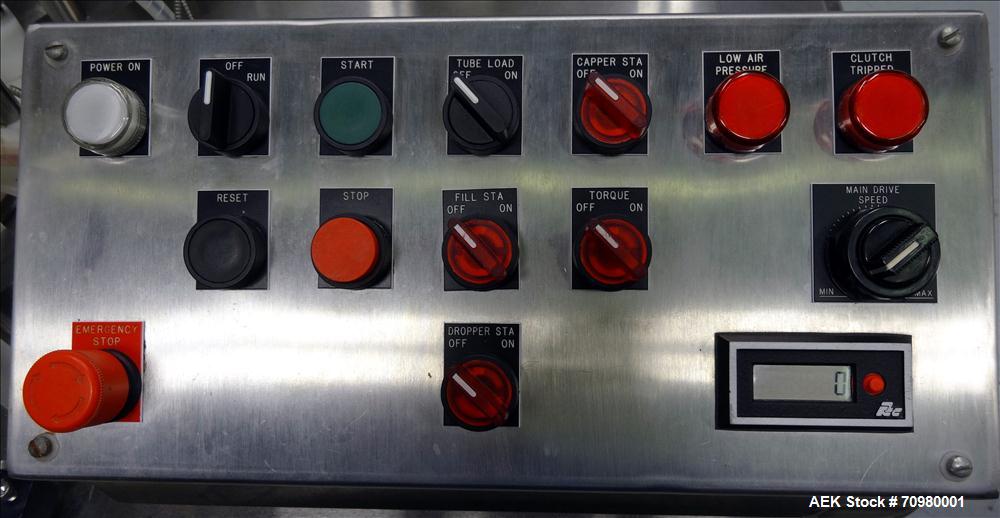 Used M&O Perry P-3000 II Monoblock Unscrambler, Filler, Plugger, and Screw Capper. Capable of speeds up to 35 bottles per minute. Has Watson Marlow Model 505Di Single head, peristaltic pump filler, H...