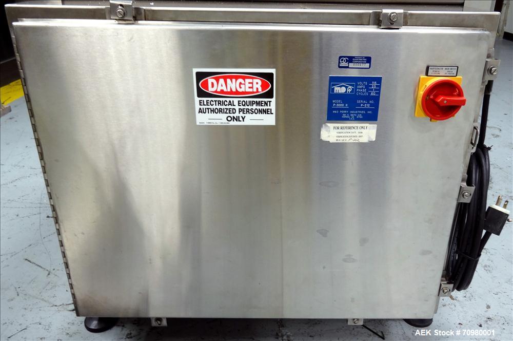 Used M&O Perry P-3000 II Monoblock Unscrambler, Filler, Plugger, and Screw Capper. Capable of speeds up to 35 bottles per minute. Has Watson Marlow Model 505Di Single head, peristaltic pump filler, H...