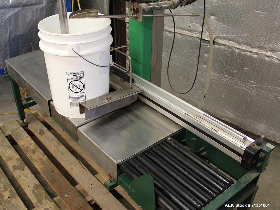 Used Single Head 5 Gallon Pacific Semi-Automatic Net Weight Pail Filler. Pacific, semi-automatic, single head, 5 gallon. Net weight pail filler. Its a bottom up filler with a diving lance to minimize...