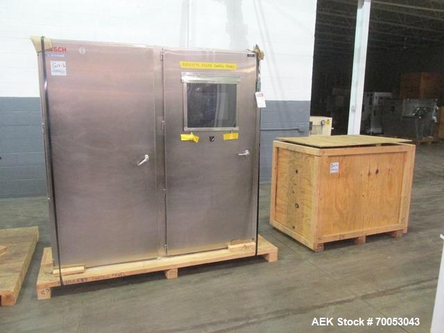 Used Used TL Bosch vial filling line, model MLF3002 filler, with 48" diameter accumulation table, vial air cleaner station, 4 head filling station, stopper inserter and capper stations with bowl feed...