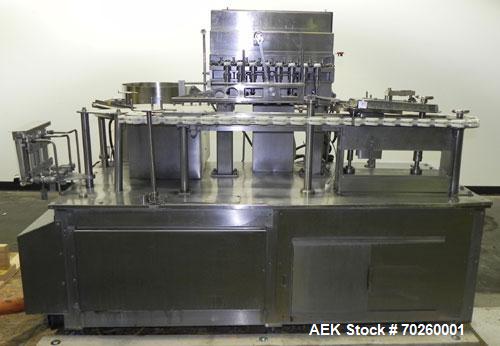 Used Bosch TL Systems Monoblock Vial Filler & Stoppering Machine. Consists of an 8 head rolling diaphram type filler, vial indexing system and stopper inserter. Has 8 filling heads with a filling rat...