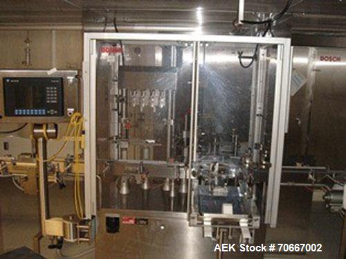 Used Bosch MRF1010 Vial filler capable of speeds up to 70 vials per minute. Fill range:  0.5 ml - 250 ml (with changeparts). Pump Type:  rolling diaphragm.  Stopper size range:  13 mm - 28 mm all typ...
