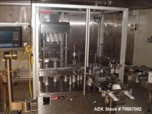 Used Bosch MRF1010 Vial filler capable of speeds up to 70 vials per minute. Fill range:  0.5 ml - 250 ml (with changeparts). Pump Type:  rolling diaphragm.  Stopper size range:  13 mm - 28 mm all typ...