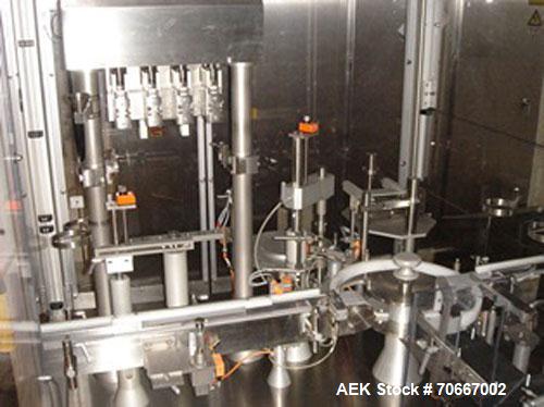Used Bosch MRF1010 Vial filler capable of speeds up to 70 vials per minute. Fill range:  0.5 ml - 250 ml (with changeparts). Pump Type:  rolling diaphragm.  Stopper size range:  13 mm - 28 mm all typ...