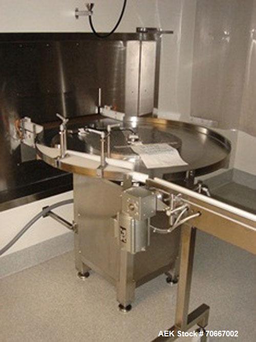 Used Bosch MRF1010 Vial filler capable of speeds up to 70 vials per minute. Fill range:  0.5 ml - 250 ml (with changeparts). Pump Type:  rolling diaphragm.  Stopper size range:  13 mm - 28 mm all typ...