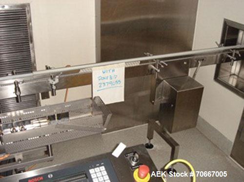 Used Bosch Vial Filling Line consisting of Bosch RRN 2020 vial washer capable of speeds up to 130 vials per minute.Max Container Size:Diameter up to 52 mm, Height up to 110 mm. Last ran vials of 2, 5...