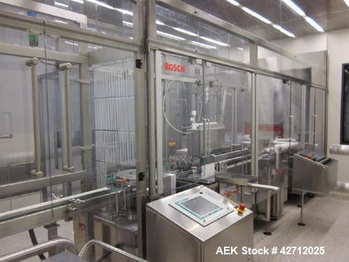 Used Bosch Vial Filling Line Consisting Of: Bosch model RRU 3084 vial rotary ultrasonic vial washer, serial# 789250 MS 7015C, Bosch depyrogenation tunnel, model HQL 3480S, serial# 789251 MS 4521C, Bo...