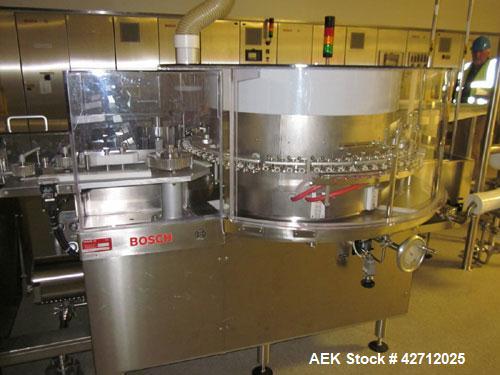 Used Bosch Vial Filling Line Consisting Of: Bosch model RRU 3084 vial rotary ultrasonic vial washer, serial# 789250 MS 7015C, Bosch depyrogenation tunnel, model HQL 3480S, serial# 789251 MS 4521C, Bo...