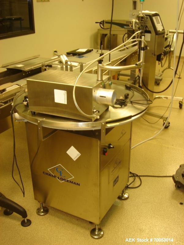 Used Chase Logeman Monoblock Filling Line, Model FPCCL4-12H.  Designed to fill, plug, cap and label at speeds up to 60 containers/minute; fill range from 1 - 125 mL; cap size range from 8 - 32 mm; IM...