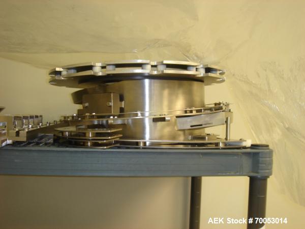 Used Chase Logeman Monoblock Filling Line, Model FPCCL4-12H.  Designed to fill, plug, cap and label at speeds up to 60 containers/minute; fill range from 1 - 125 mL; cap size range from 8 - 32 mm; IM...