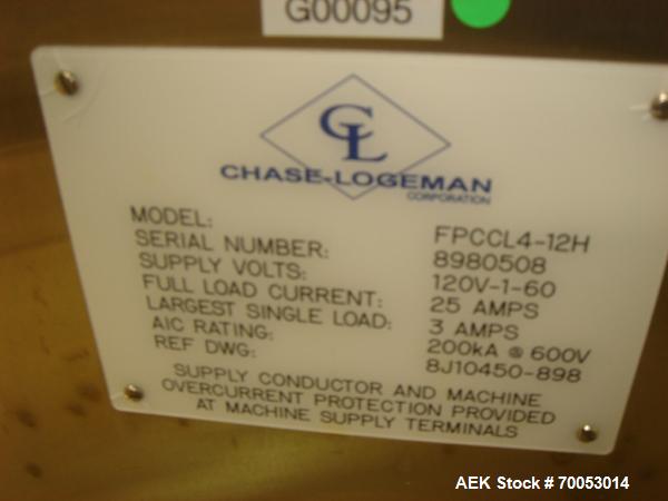 Used Chase Logeman Monoblock Filling Line, Model FPCCL4-12H.  Designed to fill, plug, cap and label at speeds up to 60 containers/minute; fill range from 1 - 125 mL; cap size range from 8 - 32 mm; IM...