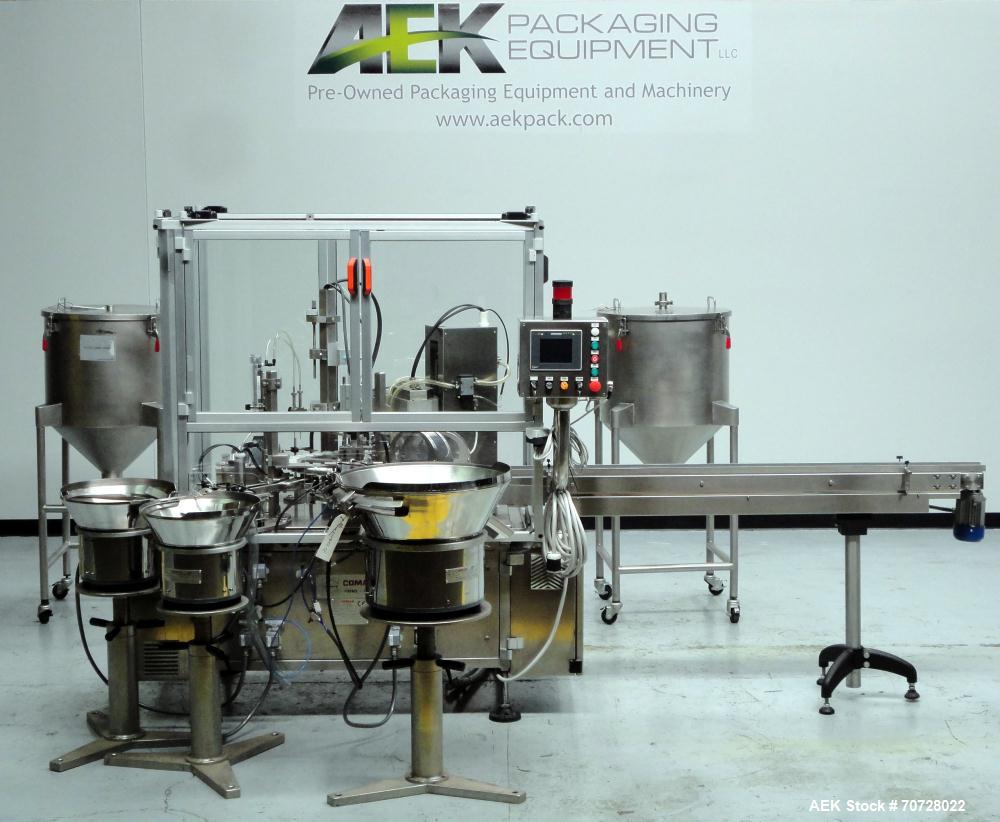 Used Comas Plastic Dispensing Syringe Monoblock Filling System, Model FD120, speeds up to 60 syringes/minute. Dual station index with 2 Ivek Peristaltic product fill pumps, Vibratory Bowl feeders for...
