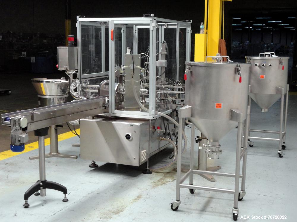 Used Comas Plastic Dispensing Syringe Monoblock Filling System, Model FD120, speeds up to 60 syringes/minute. Dual station index with 2 Ivek Peristaltic product fill pumps, Vibratory Bowl feeders for...