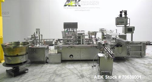 Used Groninger Syringe Filling Line, stainless steel on product contact parts. Line consists of model DFVK4000S inline (4) head filler, RTA3005 filler and HEA100 labeler.