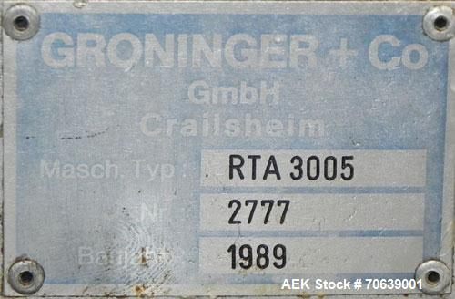 Used Groninger Syringe Filling Line, stainless steel on product contact parts. Line consists of model DFVK4000S inline (4) head filler, RTA3005 filler and HEA100 labeler.
