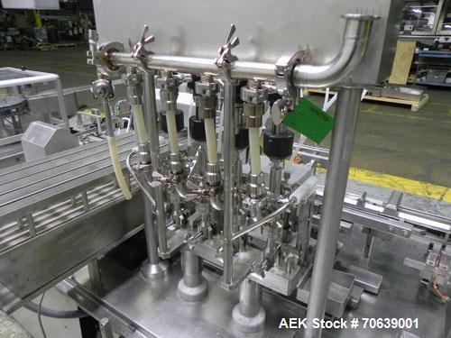 Used Groninger Syringe Filling Line, stainless steel on product contact parts. Line consists of model DFVK4000S inline (4) head filler, RTA3005 filler and HEA100 labeler.