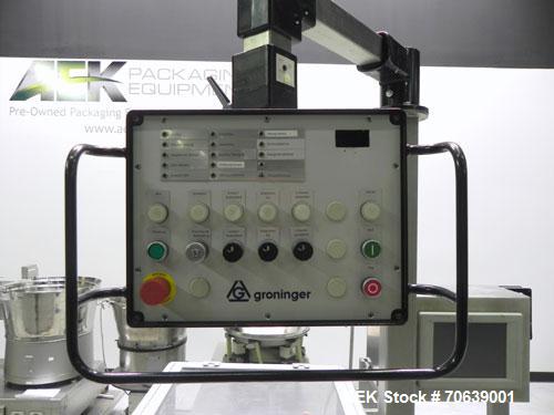 Used Groninger Syringe Filling Line, stainless steel on product contact parts. Line consists of model DFVK4000S inline (4) head filler, RTA3005 filler and HEA100 labeler.