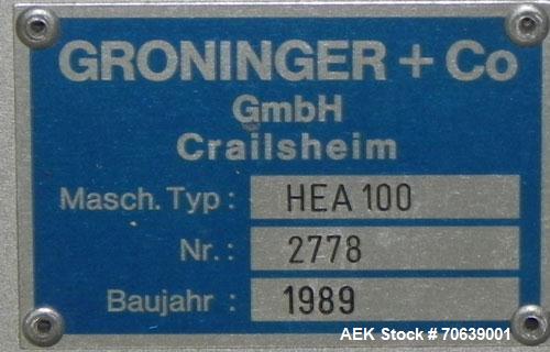 Used Groninger Syringe Filling Line, stainless steel on product contact parts. Line consists of model DFVK4000S inline (4) head filler, RTA3005 filler and HEA100 labeler.