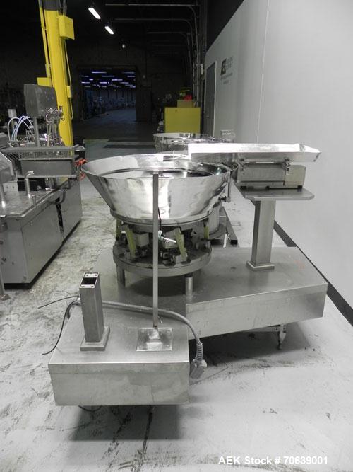 Used Groninger Syringe Filling Line, stainless steel on product contact parts. Line consists of model DFVK4000S inline (4) head filler, RTA3005 filler and HEA100 labeler.