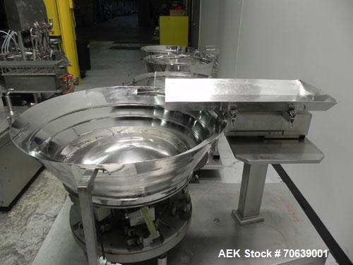 Used Groninger Syringe Filling Line, stainless steel on product contact parts. Line consists of model DFVK4000S inline (4) head filler, RTA3005 filler and HEA100 labeler.