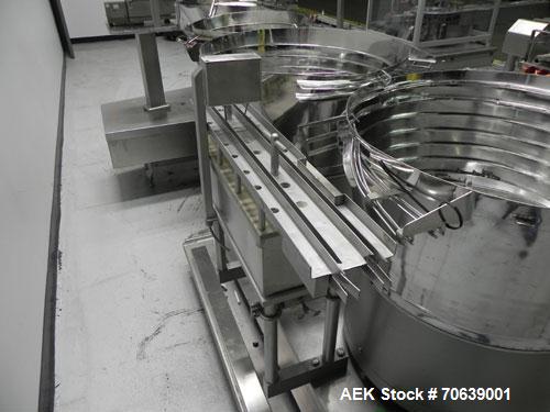 Used Groninger Syringe Filling Line, stainless steel on product contact parts. Line consists of model DFVK4000S inline (4) head filler, RTA3005 filler and HEA100 labeler.