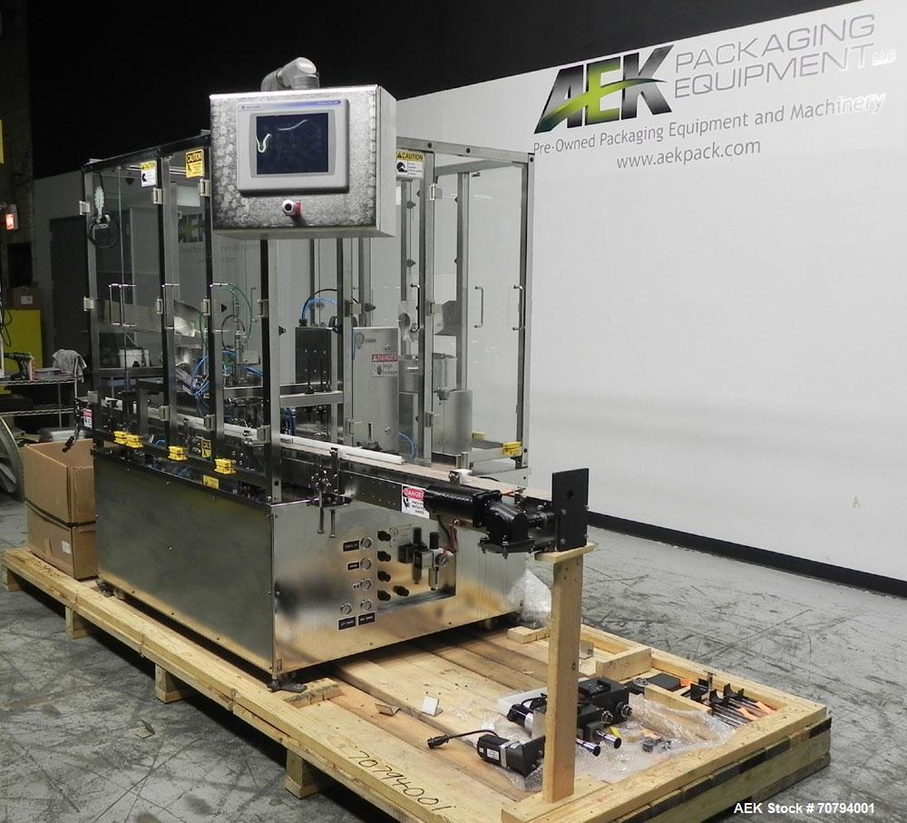 Used Intellitech IntelliFiller Model AFS I-3500C Liquid Filler Stopper and Screw / Crimp Capper. Monoblock Machine is capable of speeds up to 45 (1-up) and 90 (2-up) containers per minute. Machine ac...