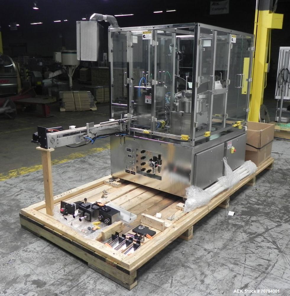 Used Intellitech IntelliFiller Model AFS I-3500C Liquid Filler Stopper and Screw / Crimp Capper. Monoblock Machine is capable of speeds up to 45 (1-up) and 90 (2-up) containers per minute. Machine ac...