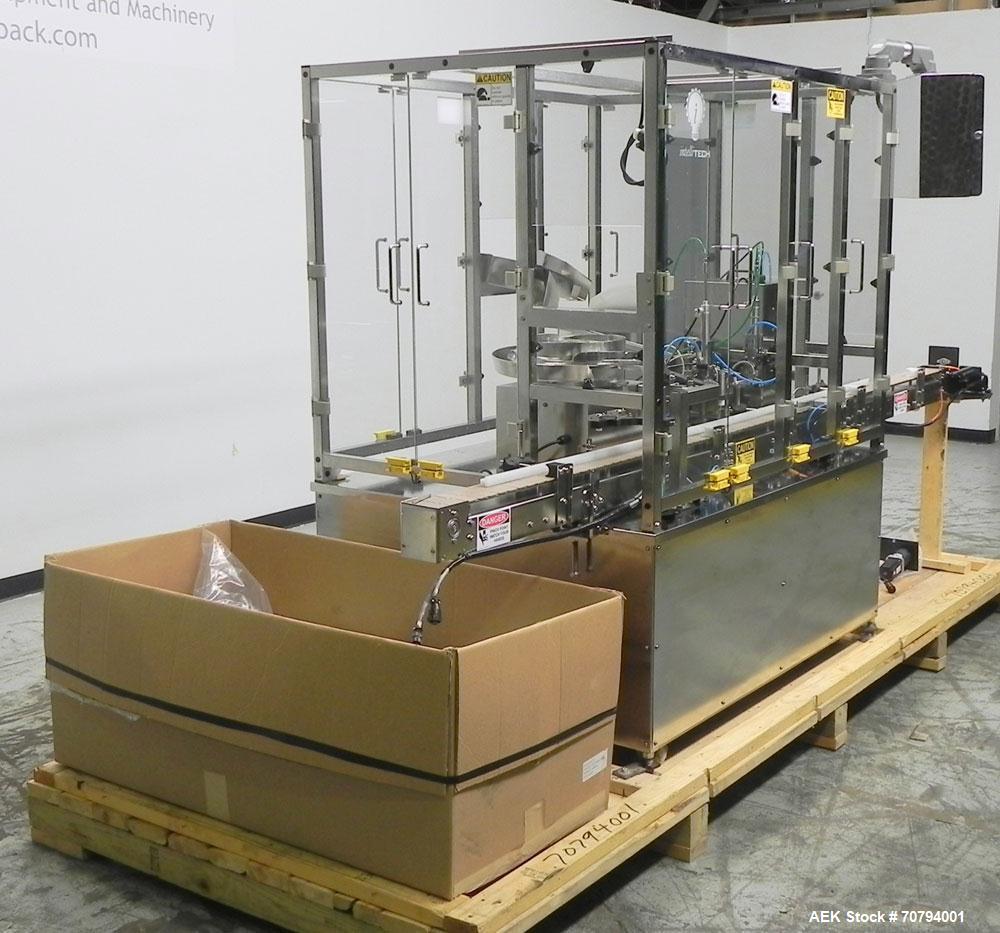 Used Intellitech IntelliFiller Model AFS I-3500C Liquid Filler Stopper and Screw / Crimp Capper. Monoblock Machine is capable of speeds up to 45 (1-up) and 90 (2-up) containers per minute. Machine ac...