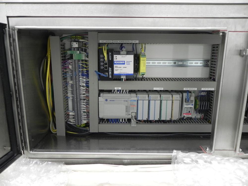 Used Intellitech IntelliFiller Model AFS I-3500C Liquid Filler Stopper and Screw / Crimp Capper. Monoblock Machine is capable of speeds up to 45 (1-up) and 90 (2-up) containers per minute. Machine ac...