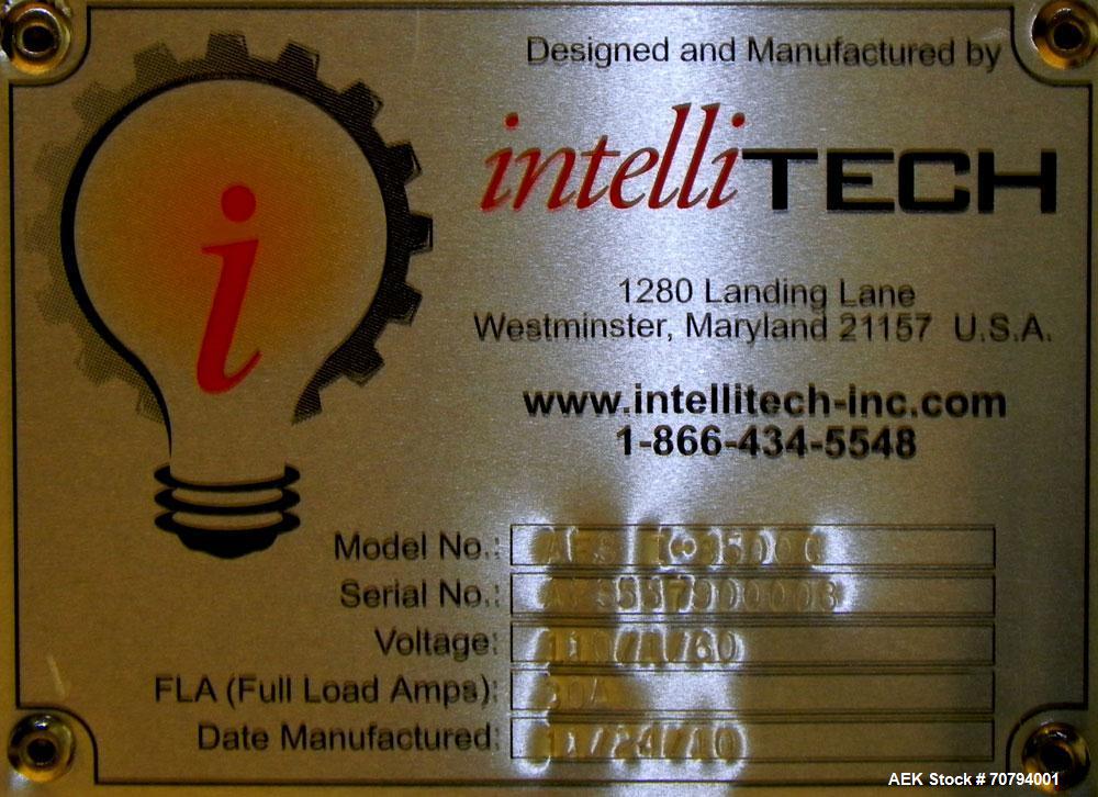 Used Intellitech IntelliFiller Model AFS I-3500C Liquid Filler Stopper and Screw / Crimp Capper. Monoblock Machine is capable of speeds up to 45 (1-up) and 90 (2-up) containers per minute. Machine ac...