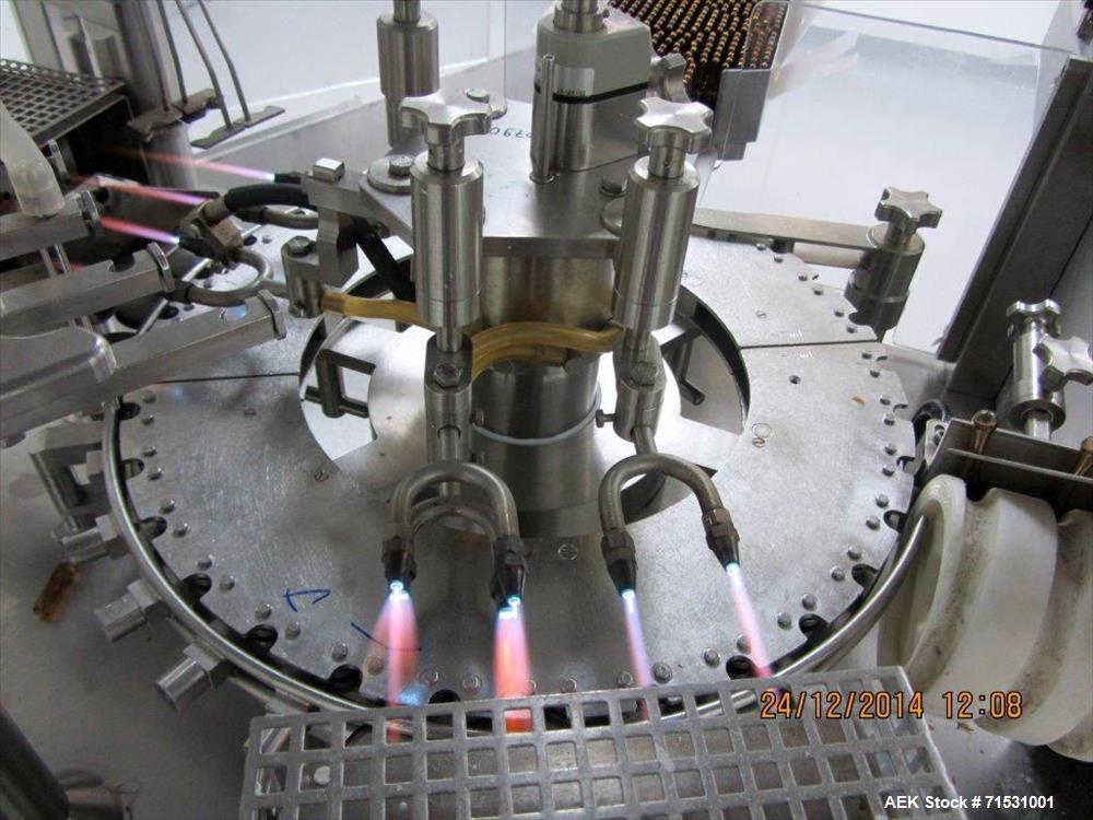 Used Complete Filling Line. Sterile dose ampoules. Includes the following equipment: Rota ampoule filler and sealing machine, Model R921/MA, 6000 amp/hr for 1 ml and 2 ml. Inox Industries formulation...