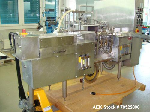 Used Strunk (Bosch) Ampoule Filling and Flame Sealing Machine. Two (2) station - filler with rotary valve pumps for 1 - 5 ml and 5 - 20 ml, output 7,200 pieces/h (1/2/3 ml), 5,500 pieces/h (5 ml), 4,...